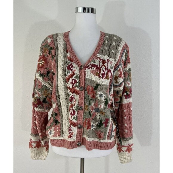 Cullinane Sweater Womens L Cardigan V Neck Pink Cream Button Chunky Knit NWT - Picture 1 of 16